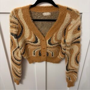 Altar'd State Fuzzy Swirl Cardigan in Tan and Cream